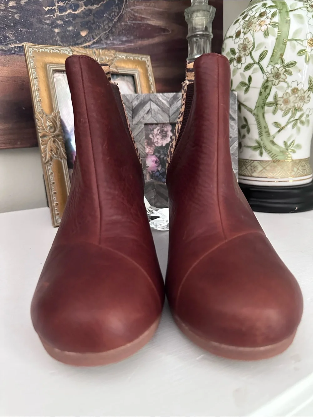 TOMS Kelsey Brown Leather Zebra Print Wedge Booties Sz 8